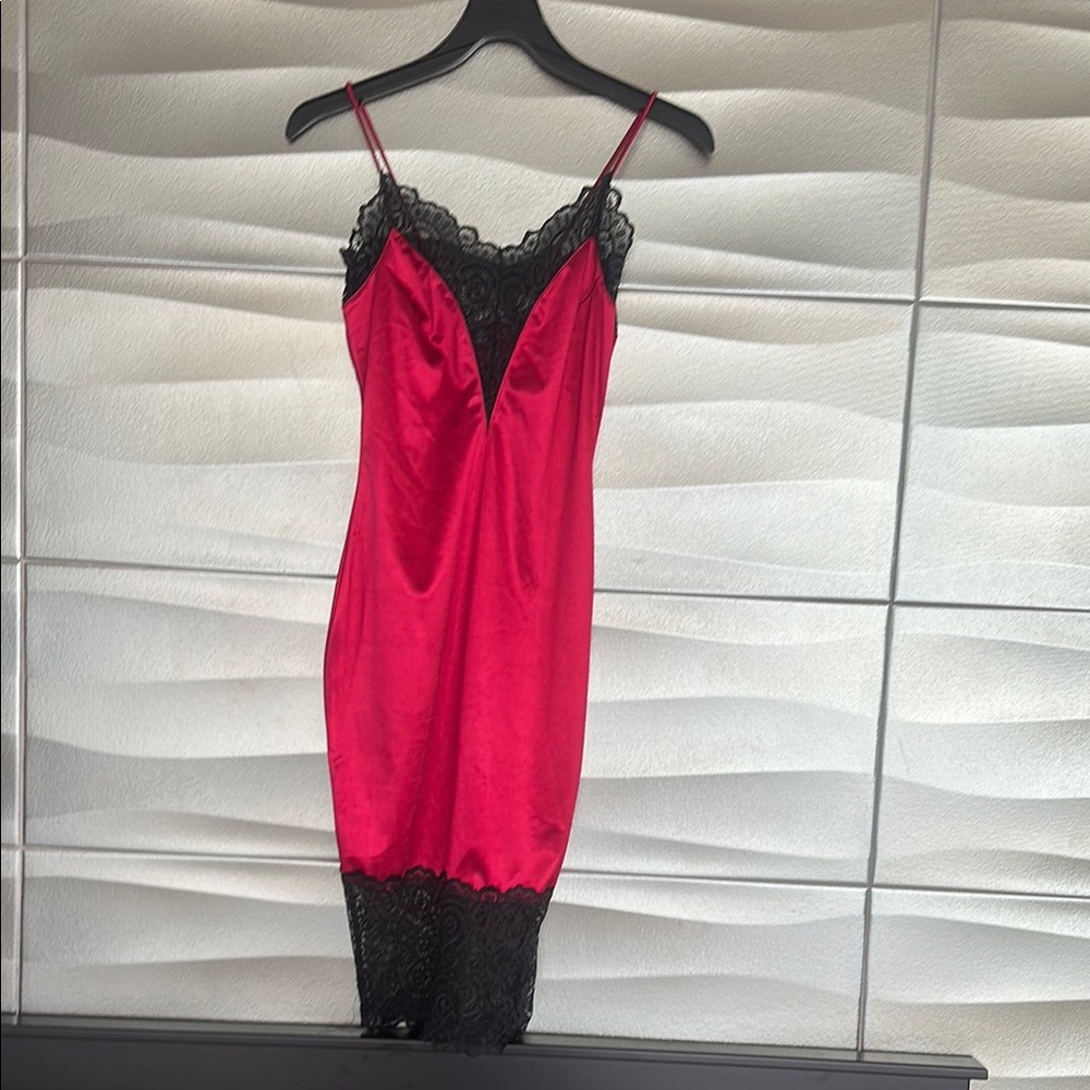 Fashion Nova Red Satin Sleepwear with Black Lace Trim